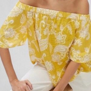 Chico’s Linen On Off Shoulder Top Womens Size S (Chico 1) Yellow Paisley Peasant